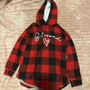 No Boundaries Red and Black Buffalo Plaid Hooded Pullover "Blessed"